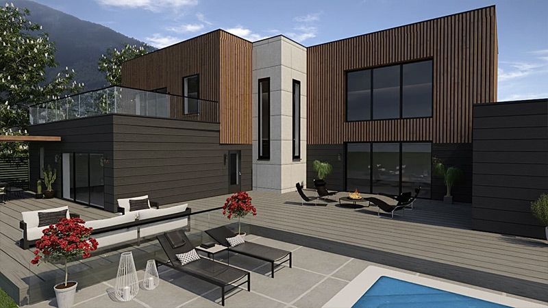 Une impression d'artiste d'une maison moderne avec piscine.