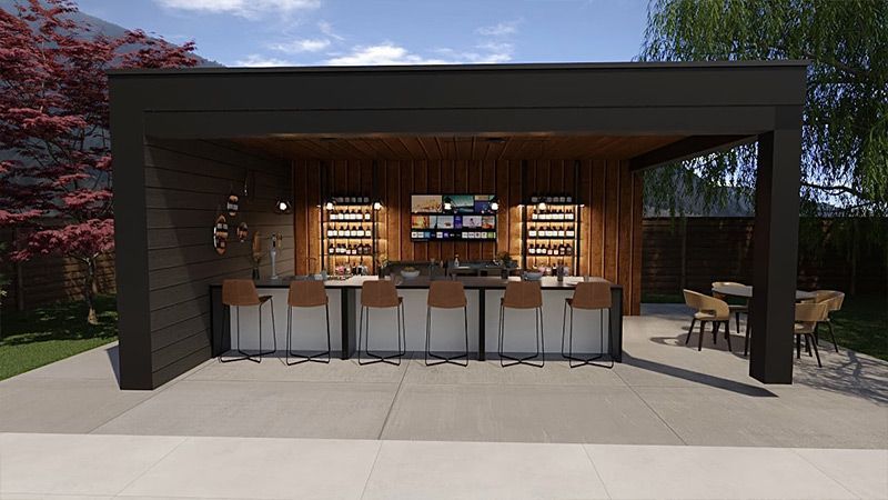 Un rendu d'un patio avec un bar, des tables et des chaises.