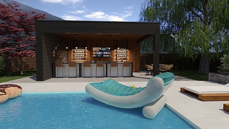 Une impression d'artiste d'une piscine avec un bar et une chaise longue.