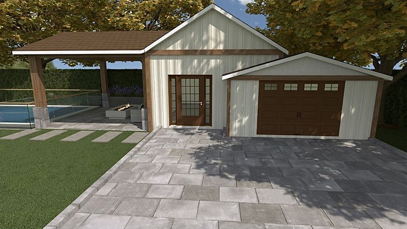 Une maison avec un garage et une piscine dans l'arrière-cour.