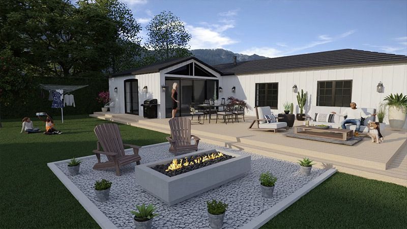 Une impression d'artiste d'une cour arrière avec un foyer et des chaises.