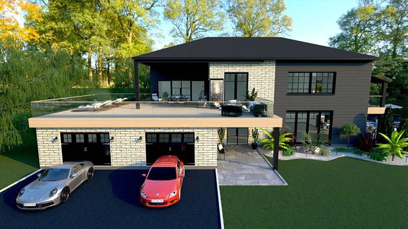 Une grande maison avec deux voitures garées devant.