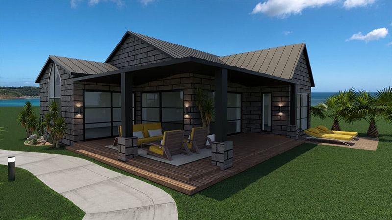 Un rendu 3D d'une maison avec un grand porche et une passerelle qui y mène.