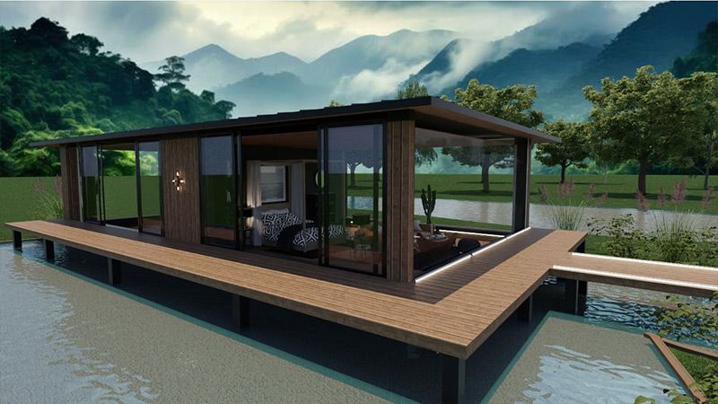 Une impression d'artiste d'une maison flottant au-dessus d'un plan d'eau.