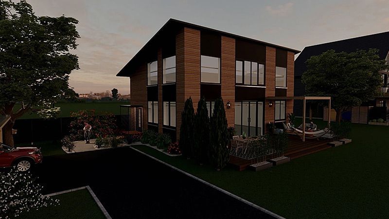 Une image générée par ordinateur d'une maison avec une voiture rouge garée devant.