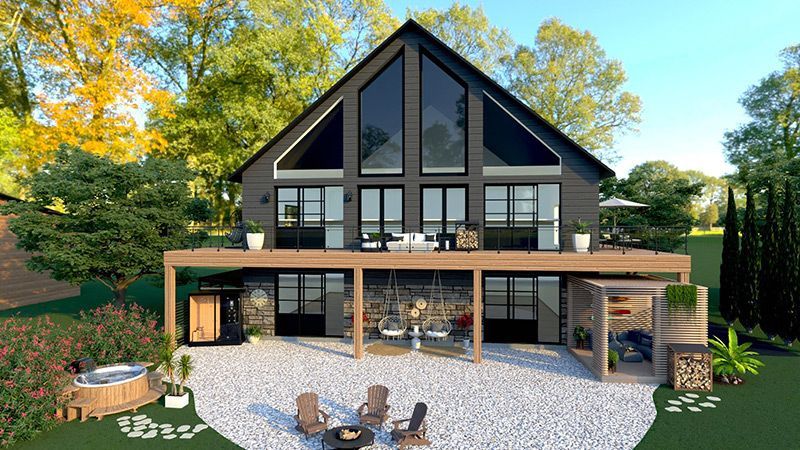 Une grande maison avec beaucoup de fenêtres et un patio avec des chaises et un foyer.