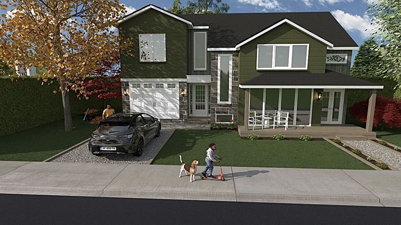 Un homme promène un chien en laisse devant une maison.