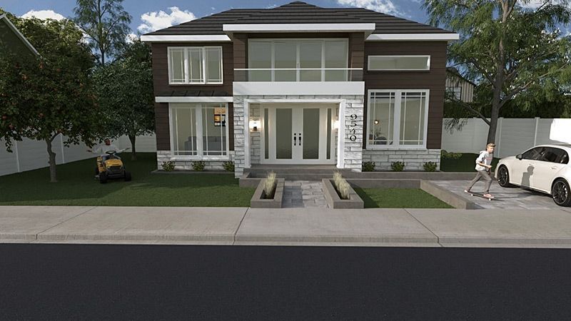 Un rendu d'une maison avec une voiture garée devant.