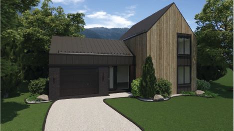 Une impression d'artiste d'une maison au toit noir