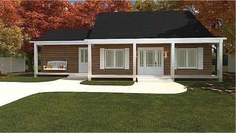 Une maison avec un porche et un banc devant