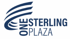 the logo for the sterling plaza is blue and white .
