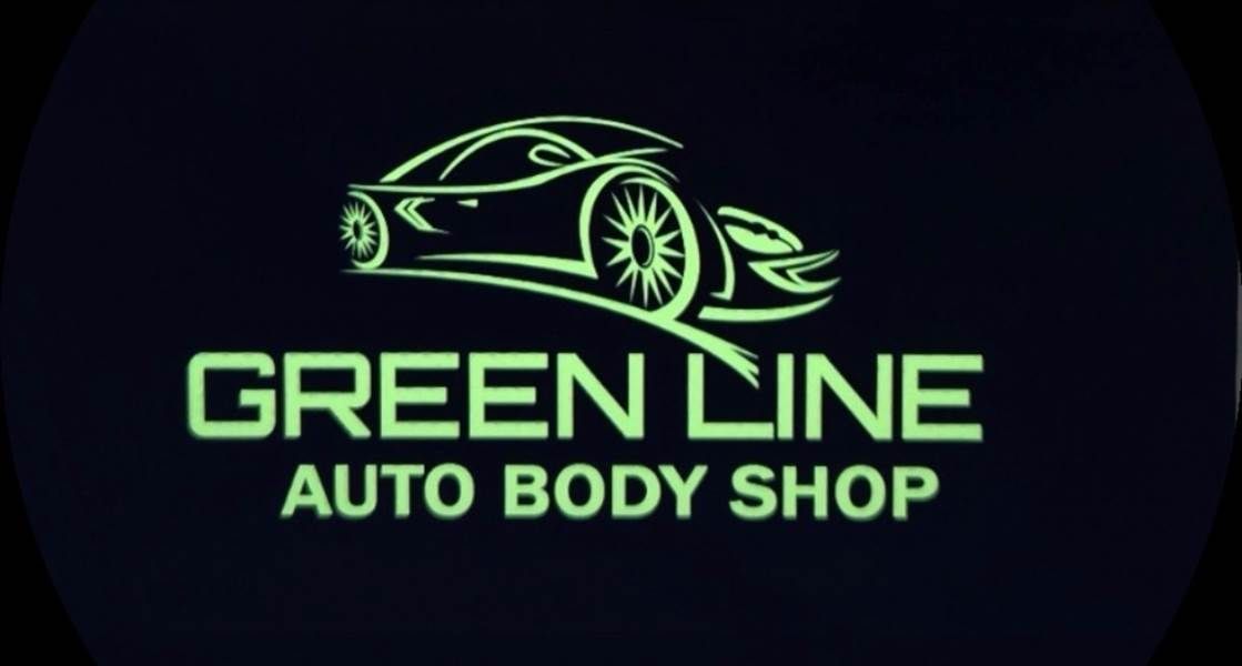 Green logo with a green sports car outline and the text "GREEN LINE AUTO BODY SHOP" on a dark background.