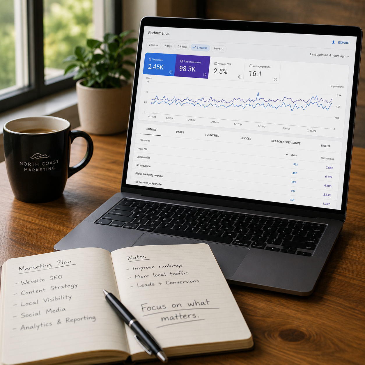 Laptop showing a local SEO analytics dashboard with Jacksonville and St. Augustine search terms