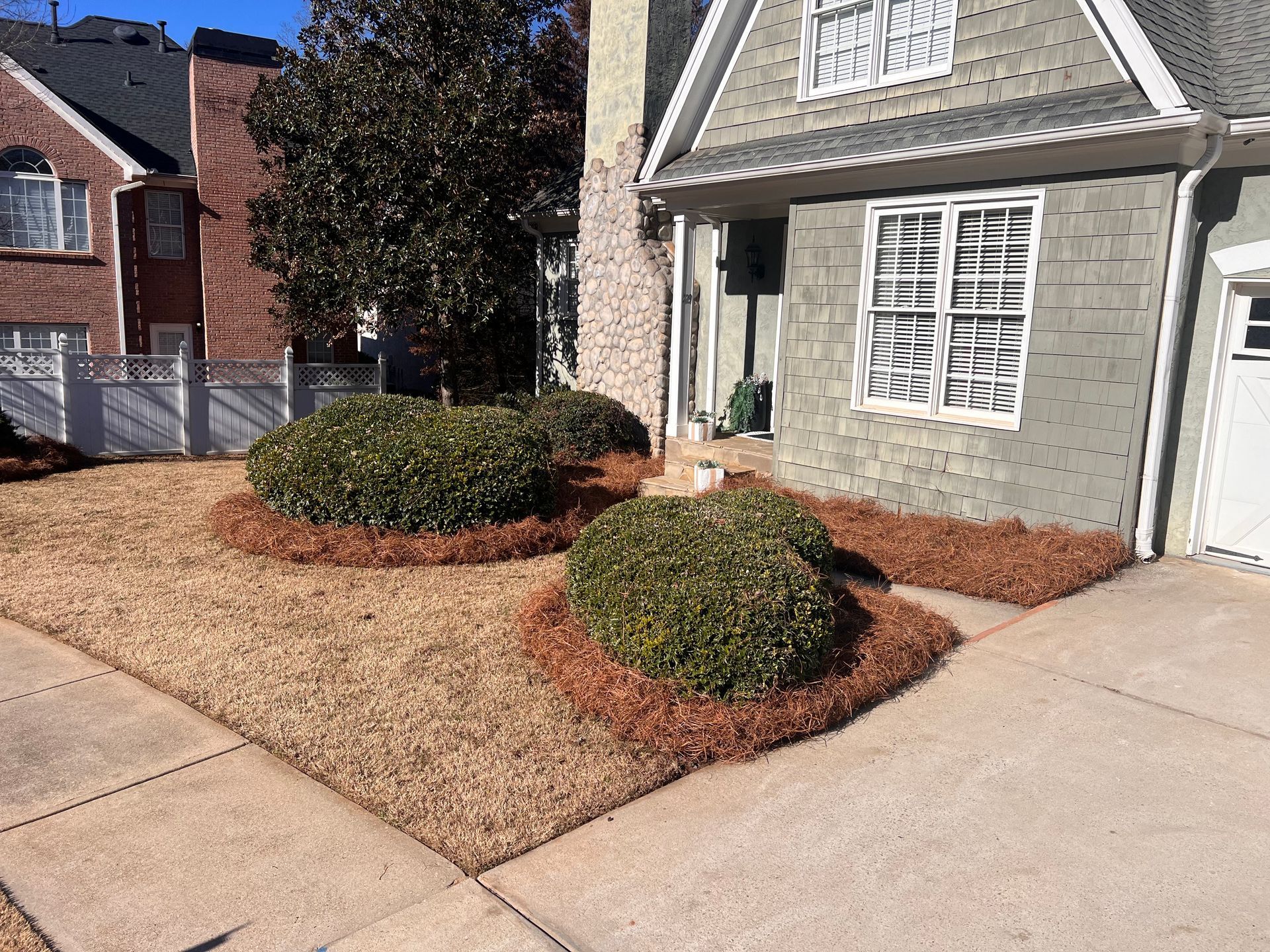 A house with a lot of bushes in front of it.