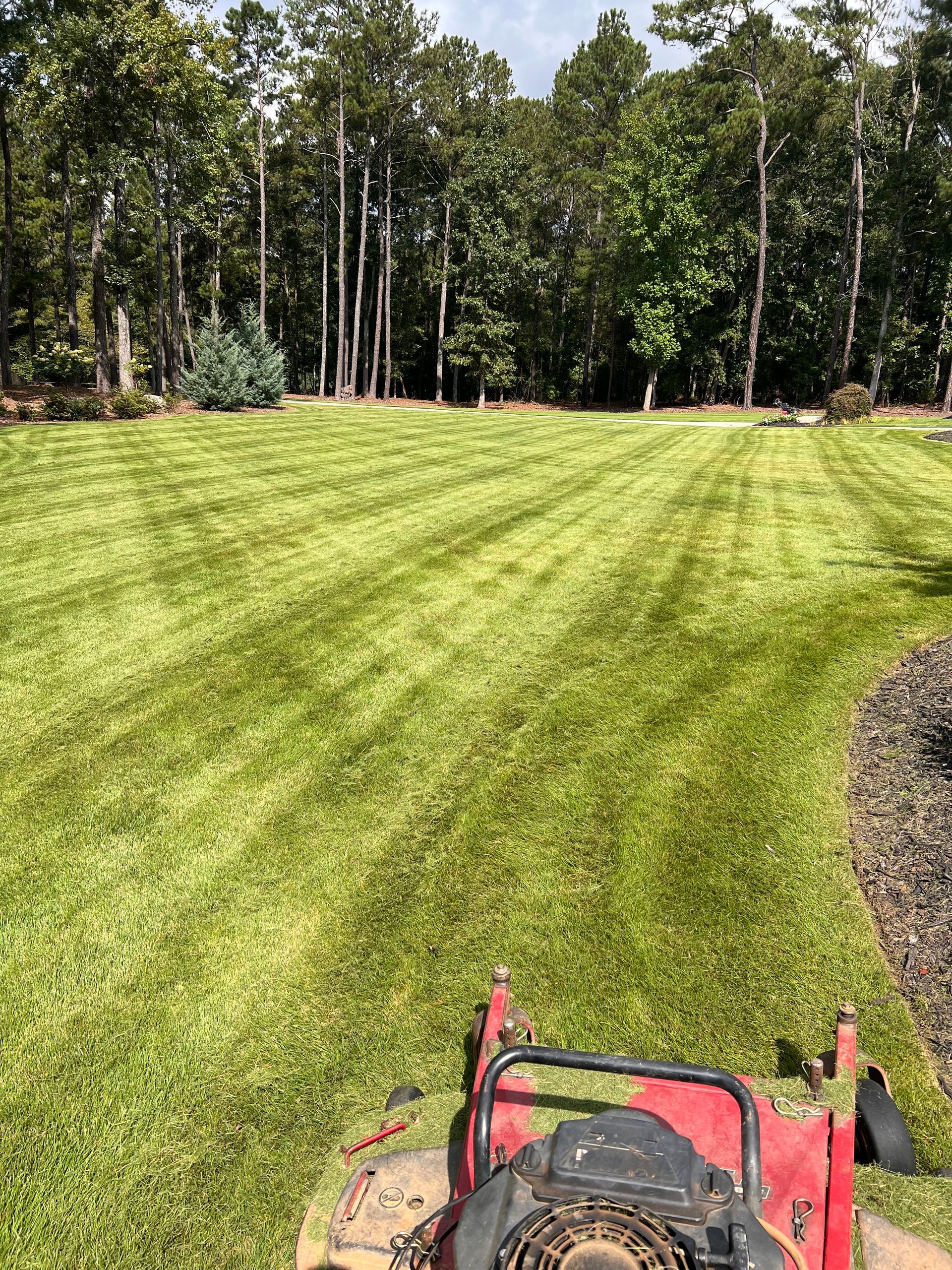 A red lawn mower is cutting a lush green lawn.