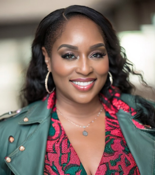 A woman wearing a green jacket and a red dress is smiling for the camera.
