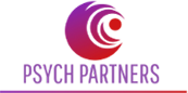 The logo for psych partners is a purple and red circle with a red dot in the middle.