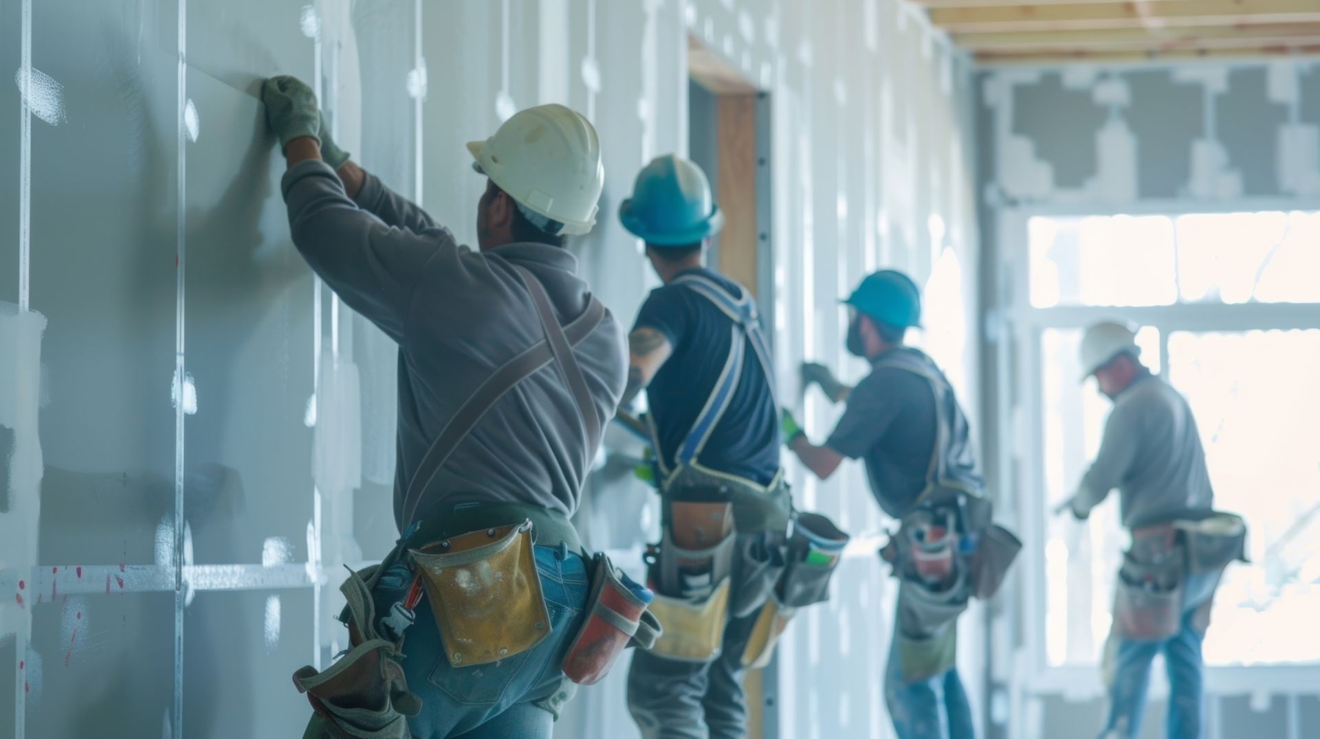 Construction workers install drywall in a building.