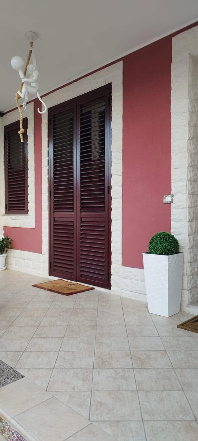 C'è una porta con delle persiane e davanti una pianta in vaso.