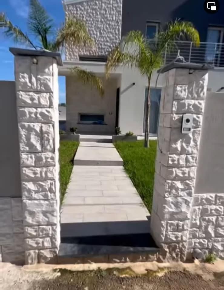 Un sentiero in pietra che conduce a una casa con palme