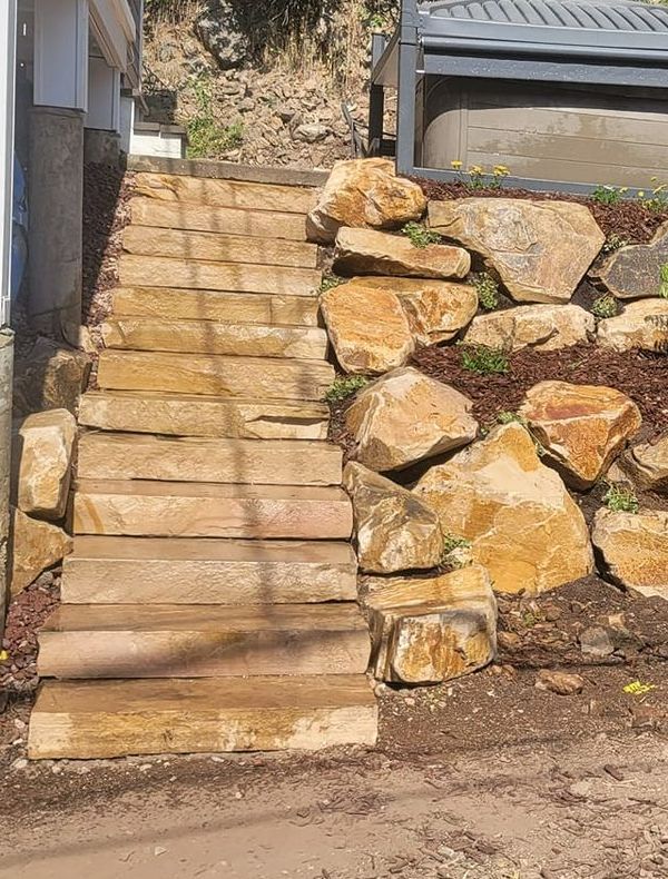 A stone walkway in a garden with trees and bushes