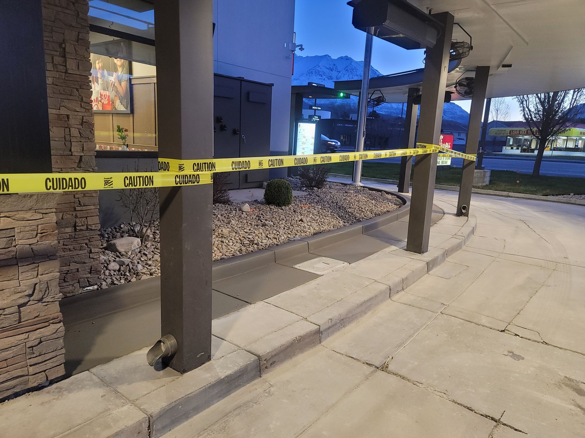 A building with a lot of yellow tape on it