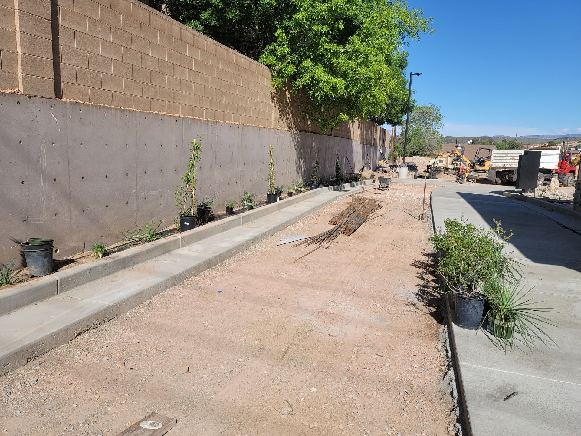 A concrete walkway with potted plants on the side of it