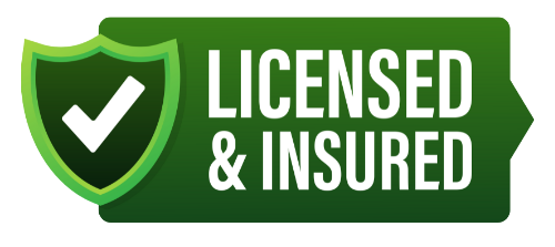 A green sign that says licensed and insured with a check mark on it.