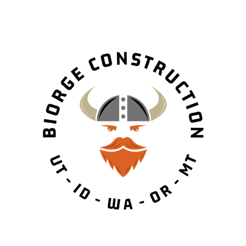 The logo for biorge construction shows a viking with horns and a beard.