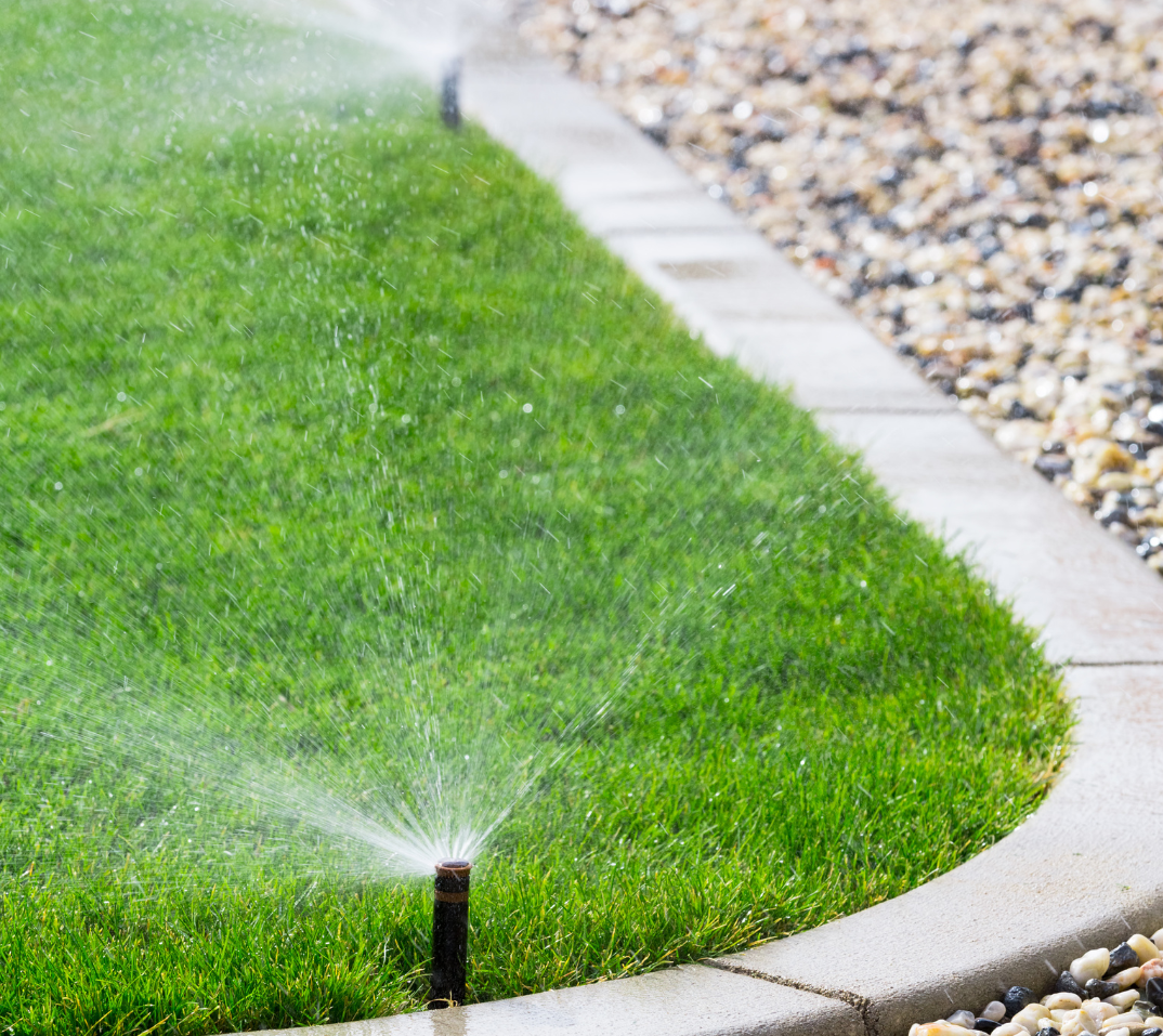 A lawn sprinkler spraying water on a lush green lawn.