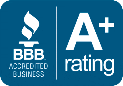 A blue sign that says bbb accredited business and a+ rating