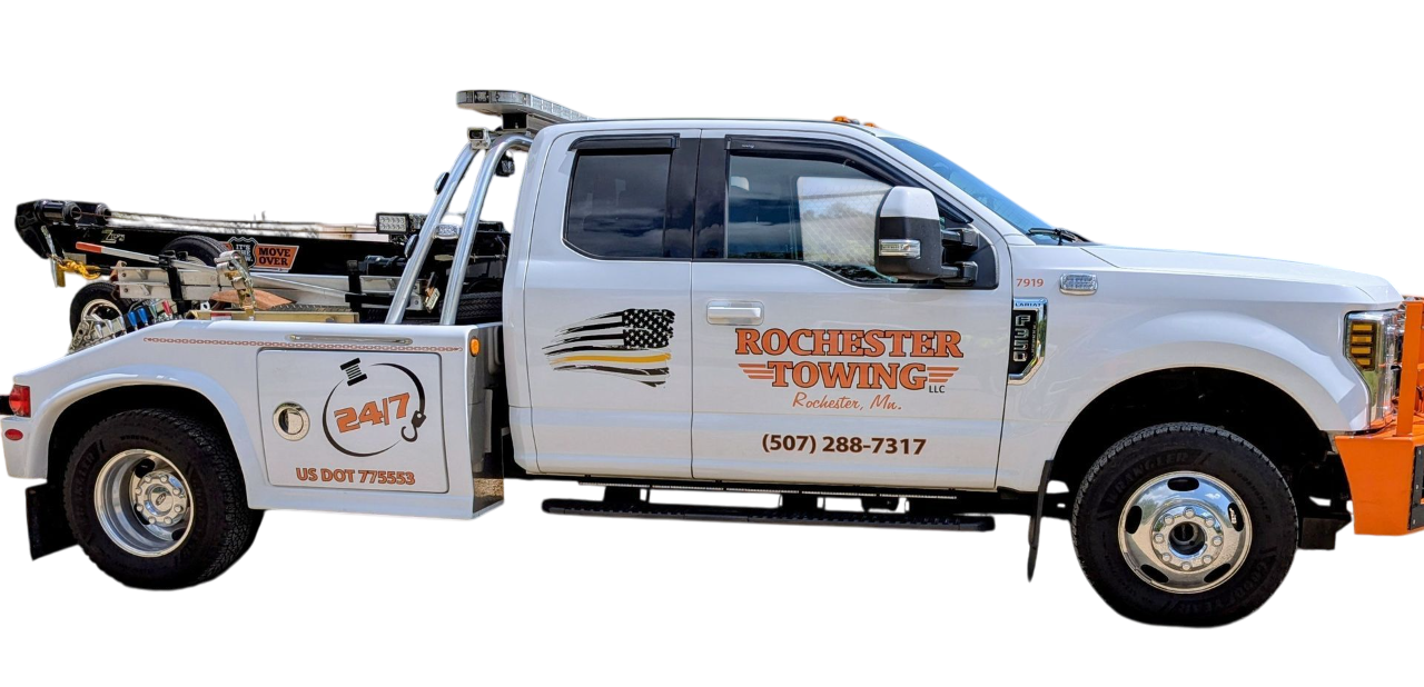 White tow truck with logo for 