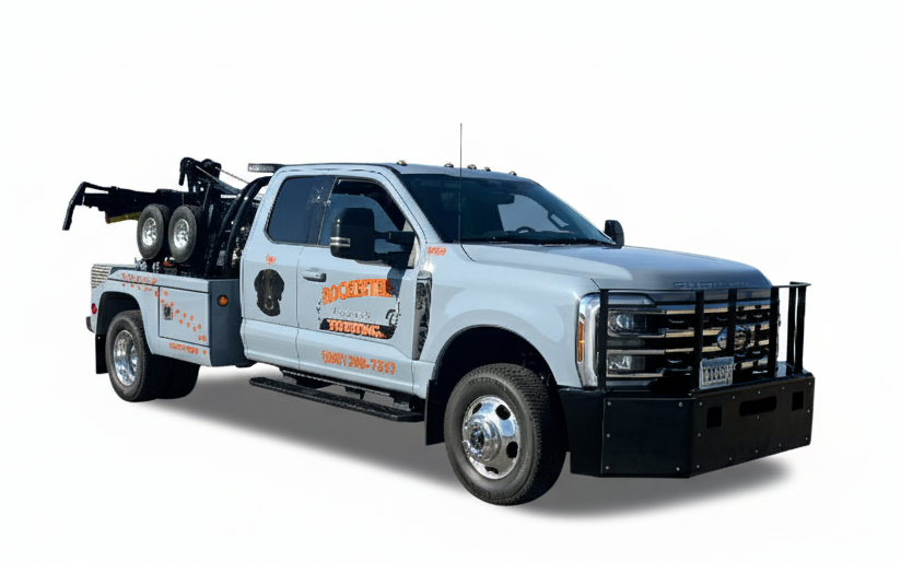 White Rochester Towing truck in a parking lot.