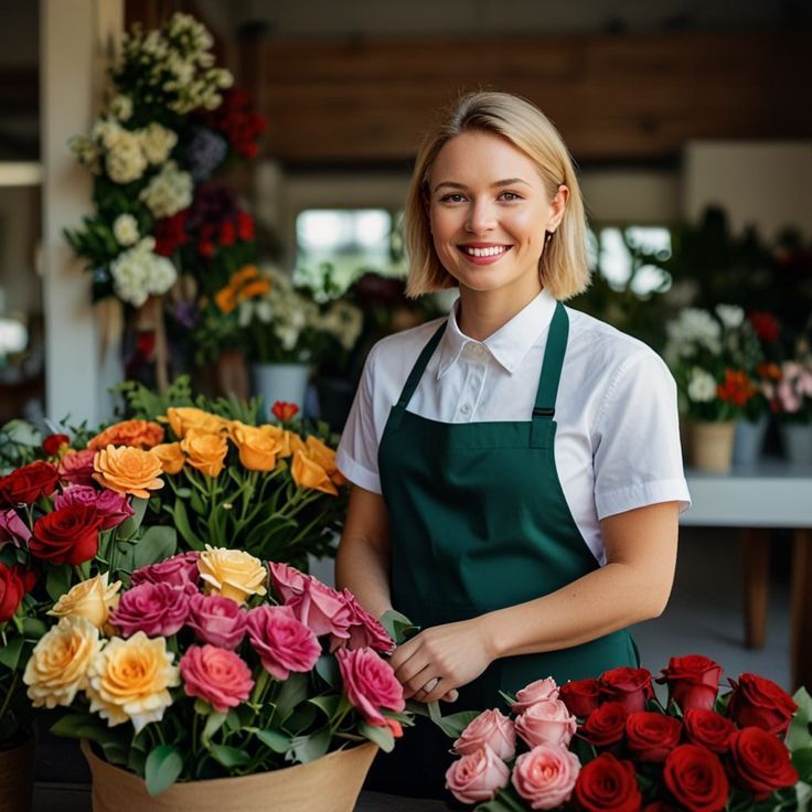 Een vrouw met een schort staat voor een vaas met bloemen.