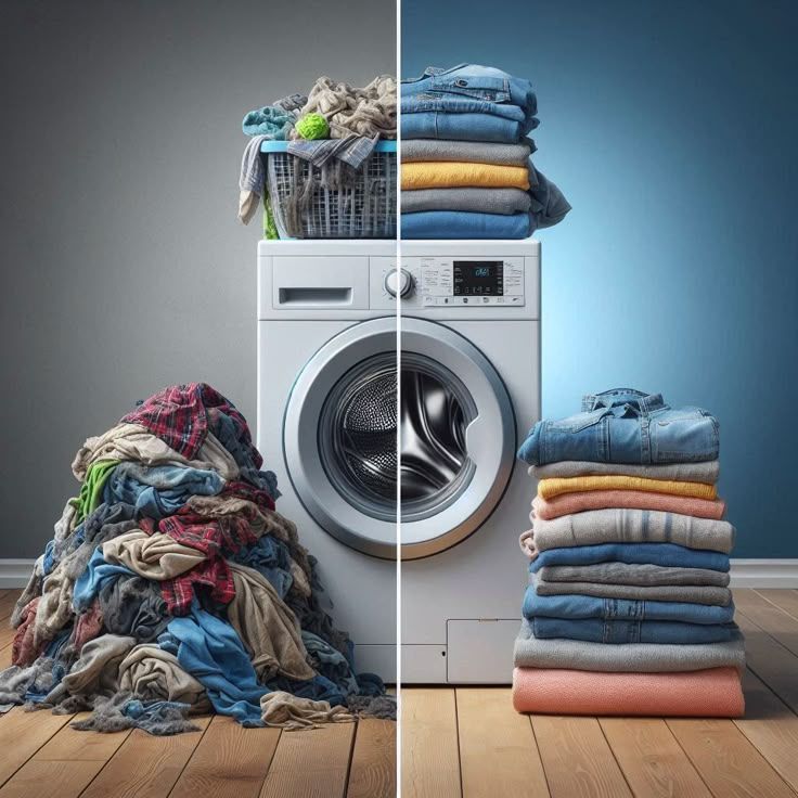 Een voor- en nafoto van een wasmachine en een stapel kleding.