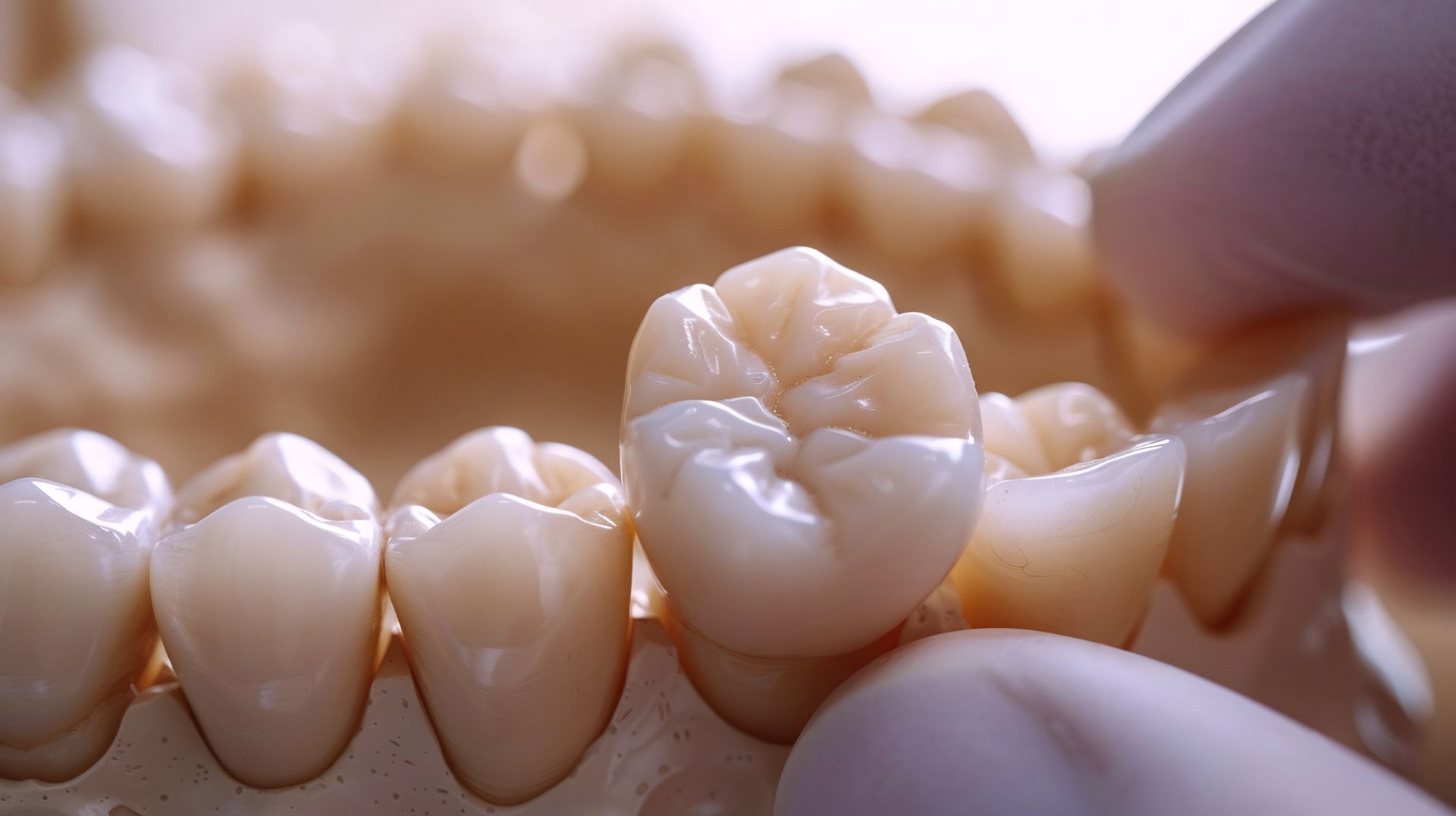 Dental crown being held over a model of teeth, showing shape and color.