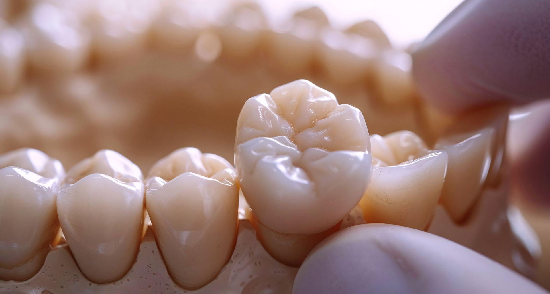 Close-up of a dental crown being held in place within a set of teeth on a mold, in an examination room.