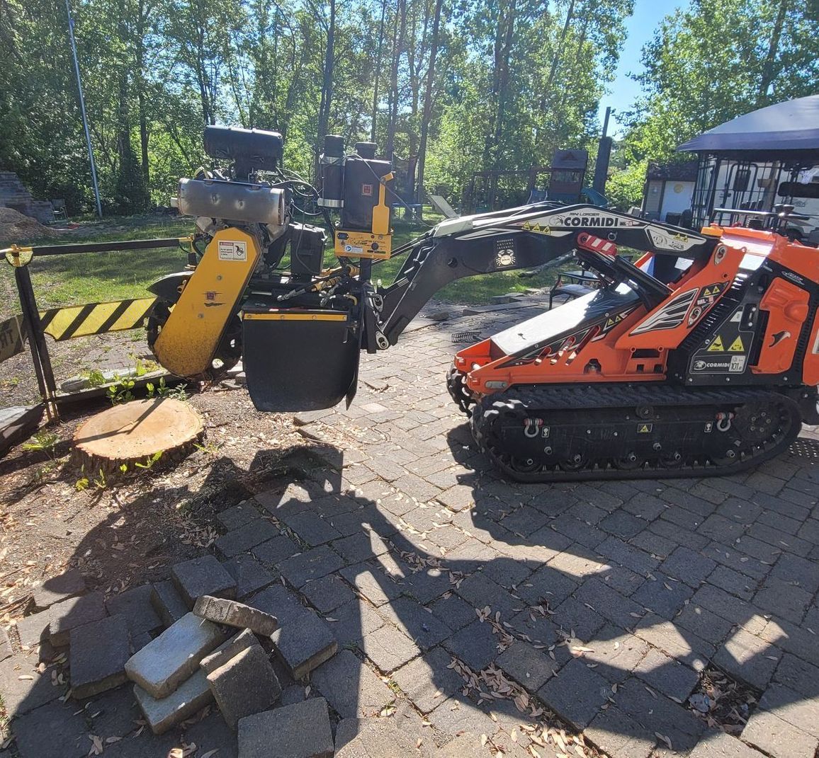 Deux tracteurs sont garés sur une allée en briques à côté d'une souche d'arbre.