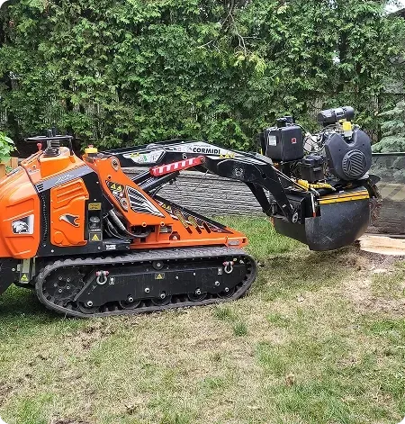 Une petite machine orange et noire est assise dans l'herbe à côté d'une souche d'arbre.