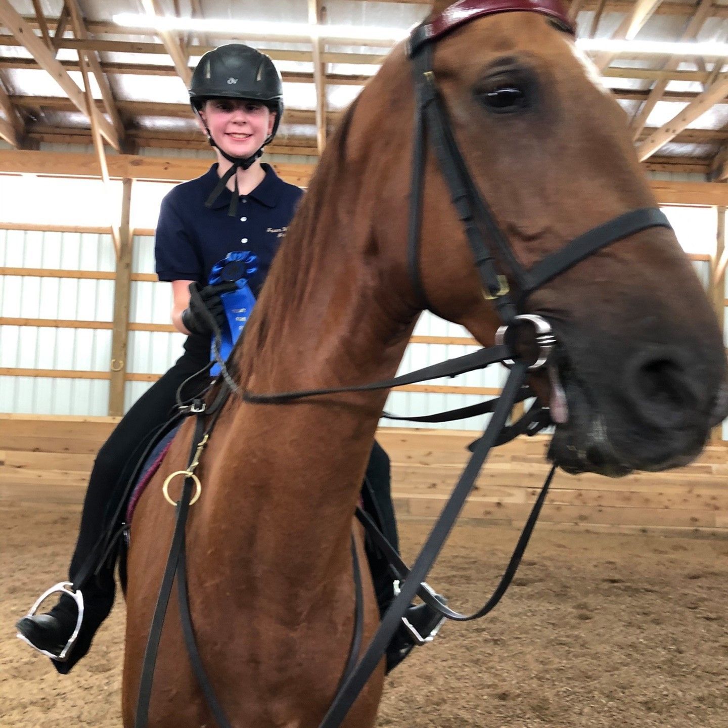 Young rider on a brown horse inside a riding arena, wearing a helmet and blue ribbon.