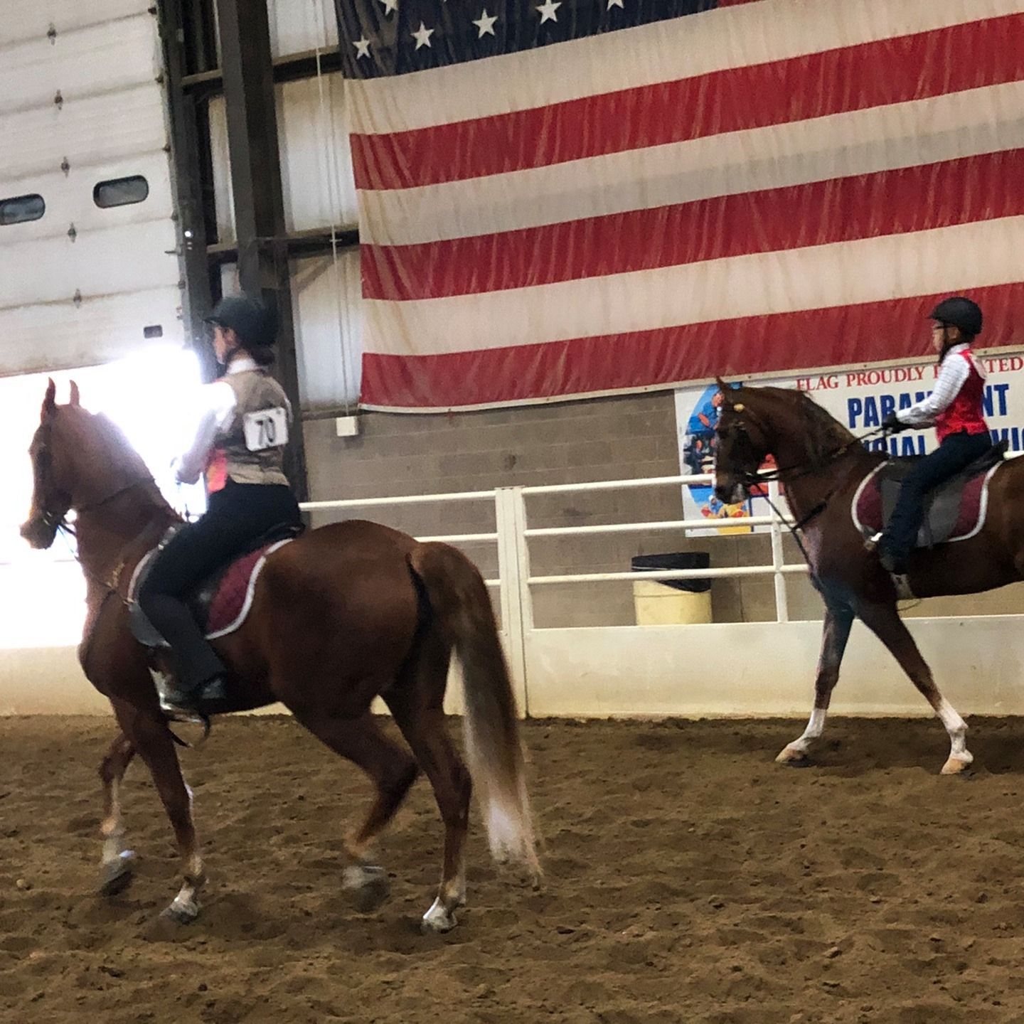 Two riders on chestnut horses in an indoor arena, American flag in background.