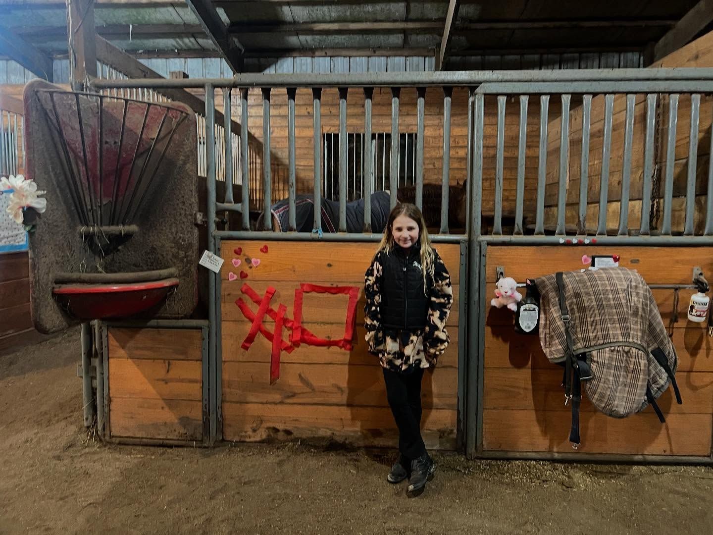 Girl standing in a horse stable, wearing a patterned jacket, in front of a stall, with a red design.