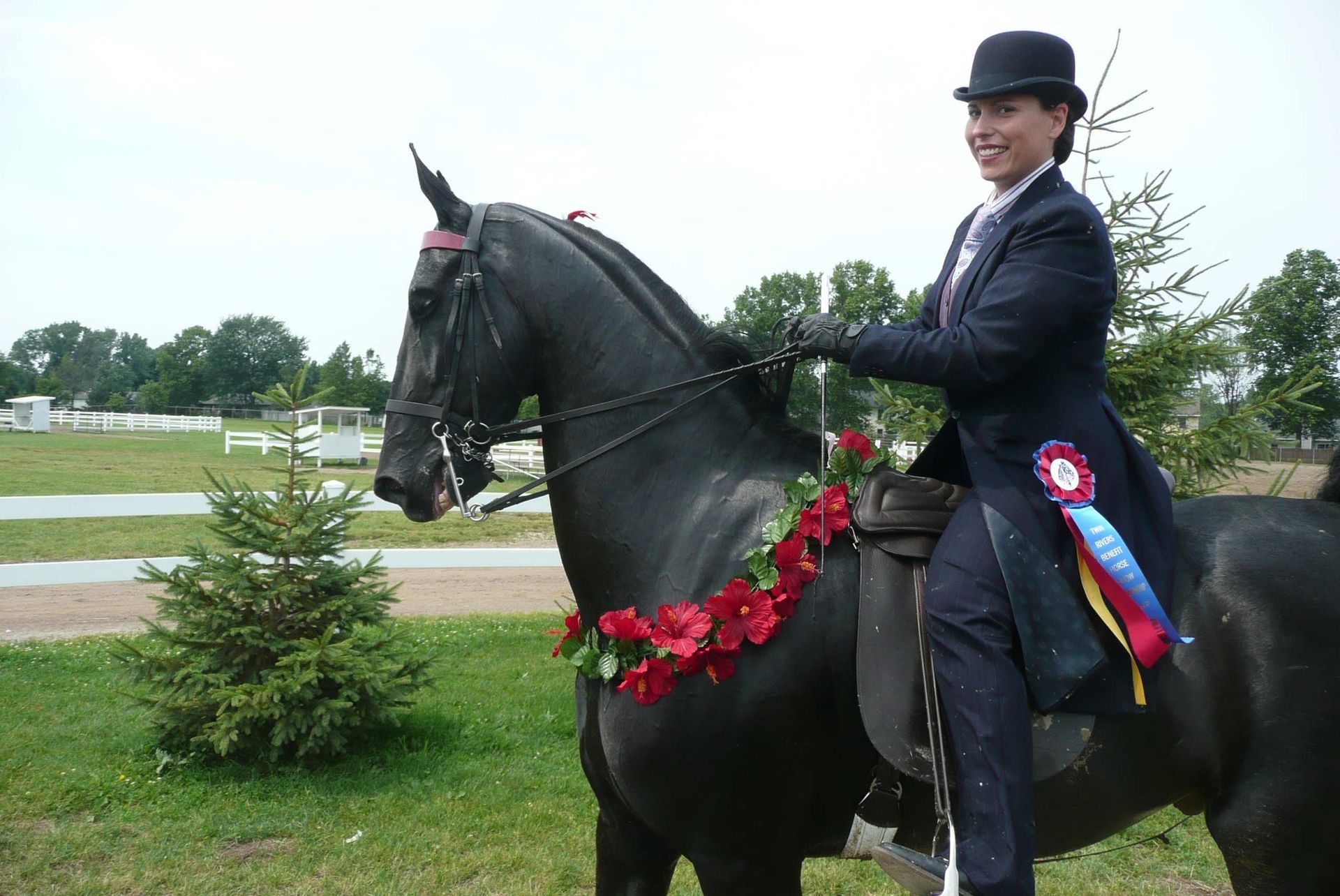 Woman in equestrian attire on a black horse adorned with ribbons and a garland. Outdoor setting.