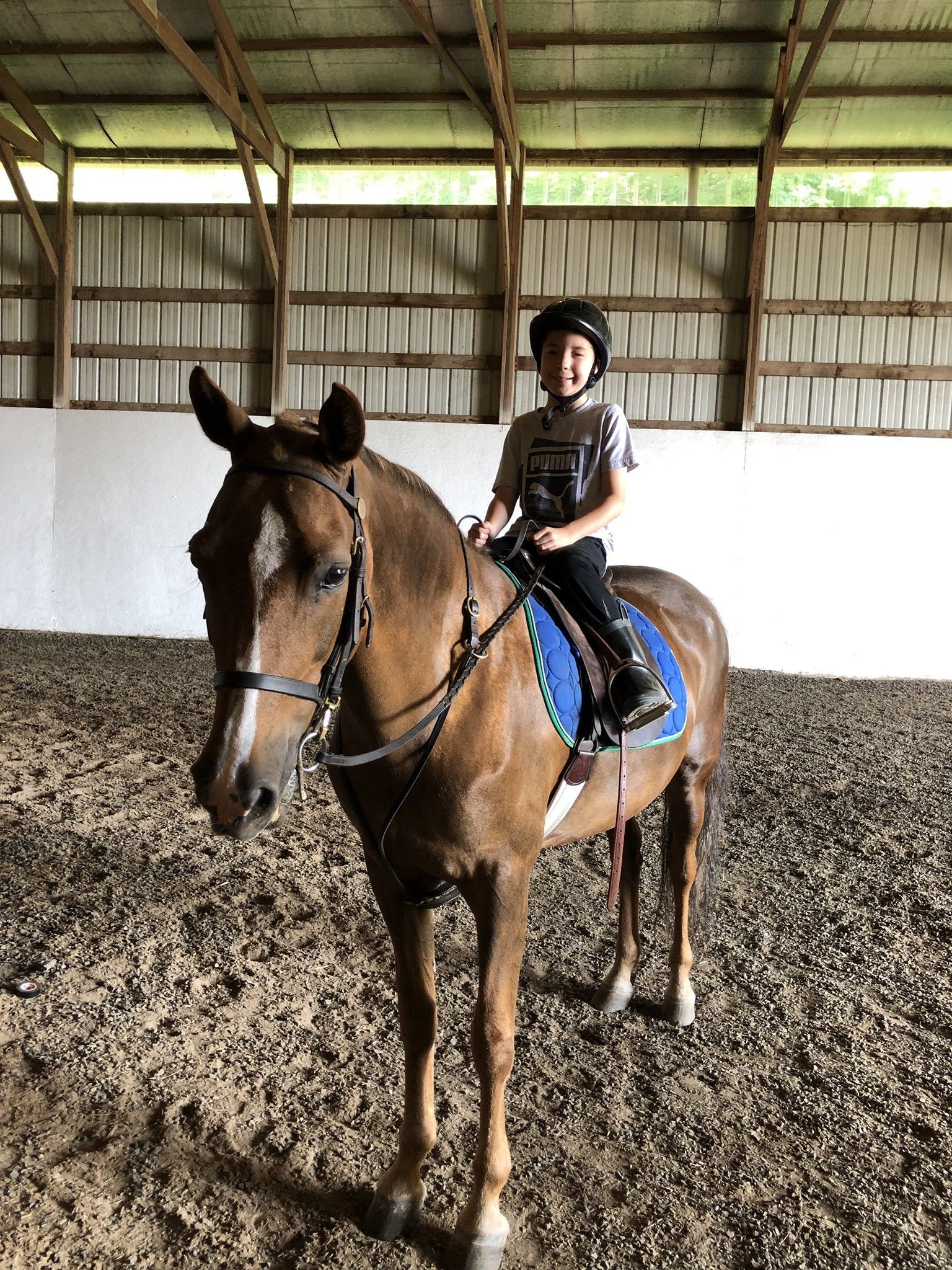 Boy on a brown horse in an indoor riding arena, wearing a helmet.