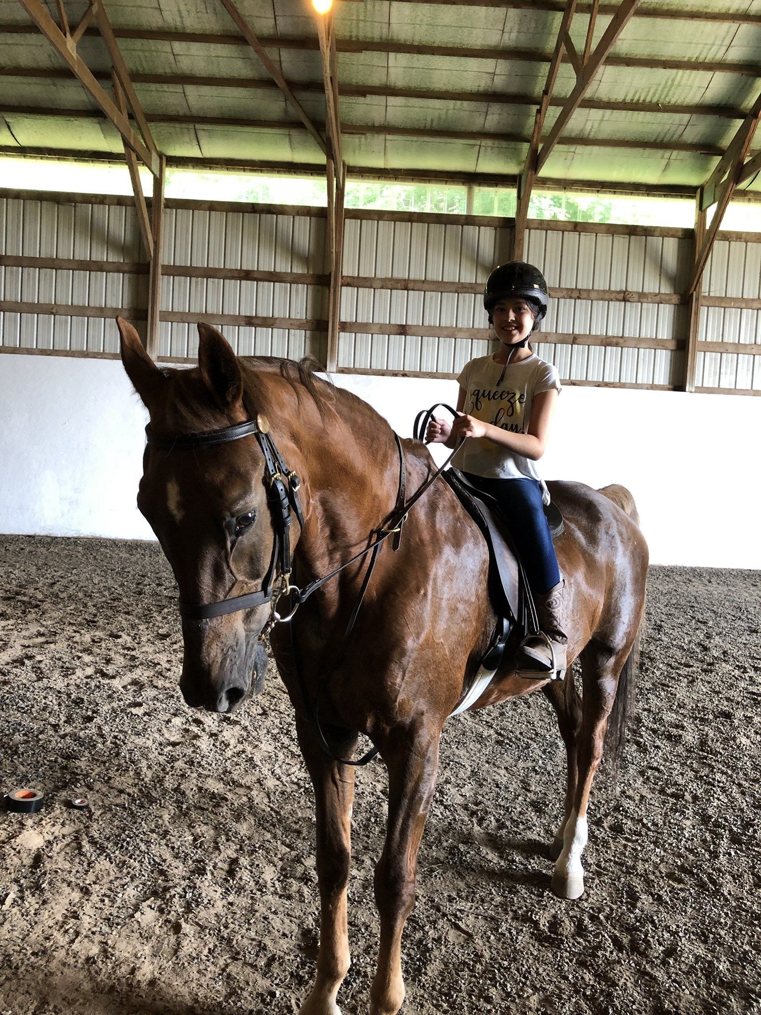 Young person riding a brown horse in an indoor riding arena; wearing a helmet and holding reins.