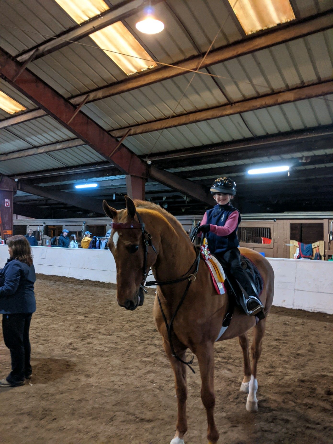 A rider on a brown horse in an indoor riding arena. The rider wears a helmet and smiles.