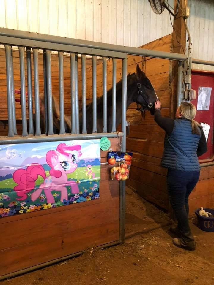 Woman petting a dark horse in a stable stall, Pinkie Pie poster on the wall.