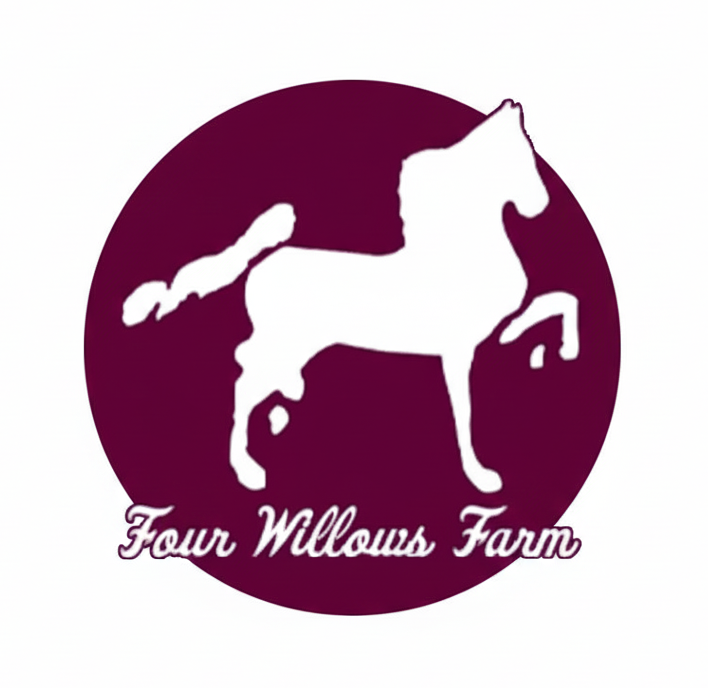 White horse silhouette in a burgundy circle, 