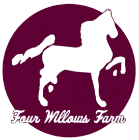 White horse silhouette inside a dark red circle, with text 