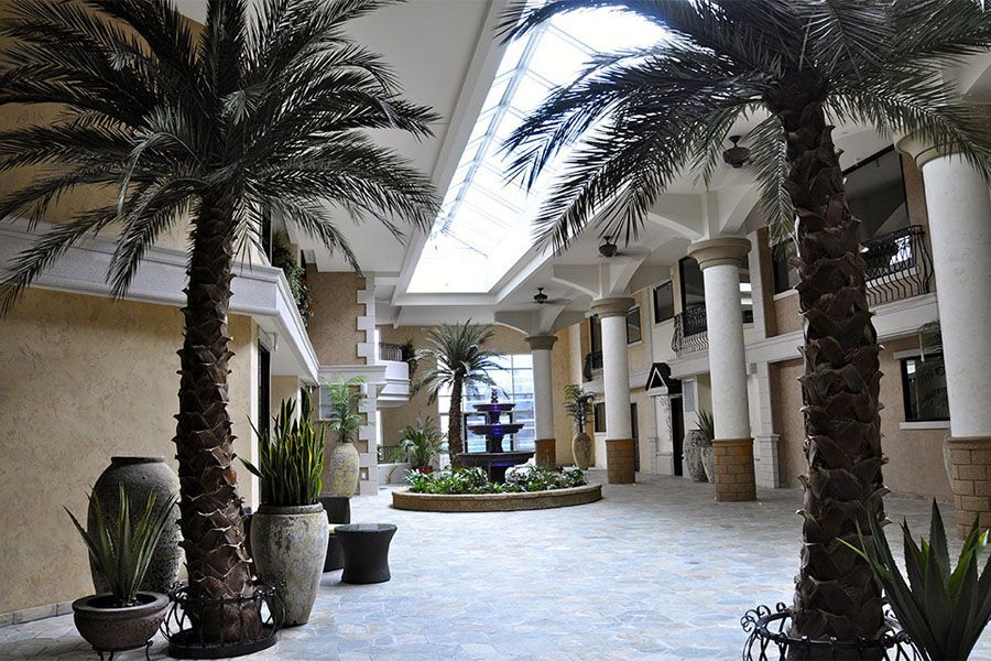 A building with palm trees and a fountain in the middle